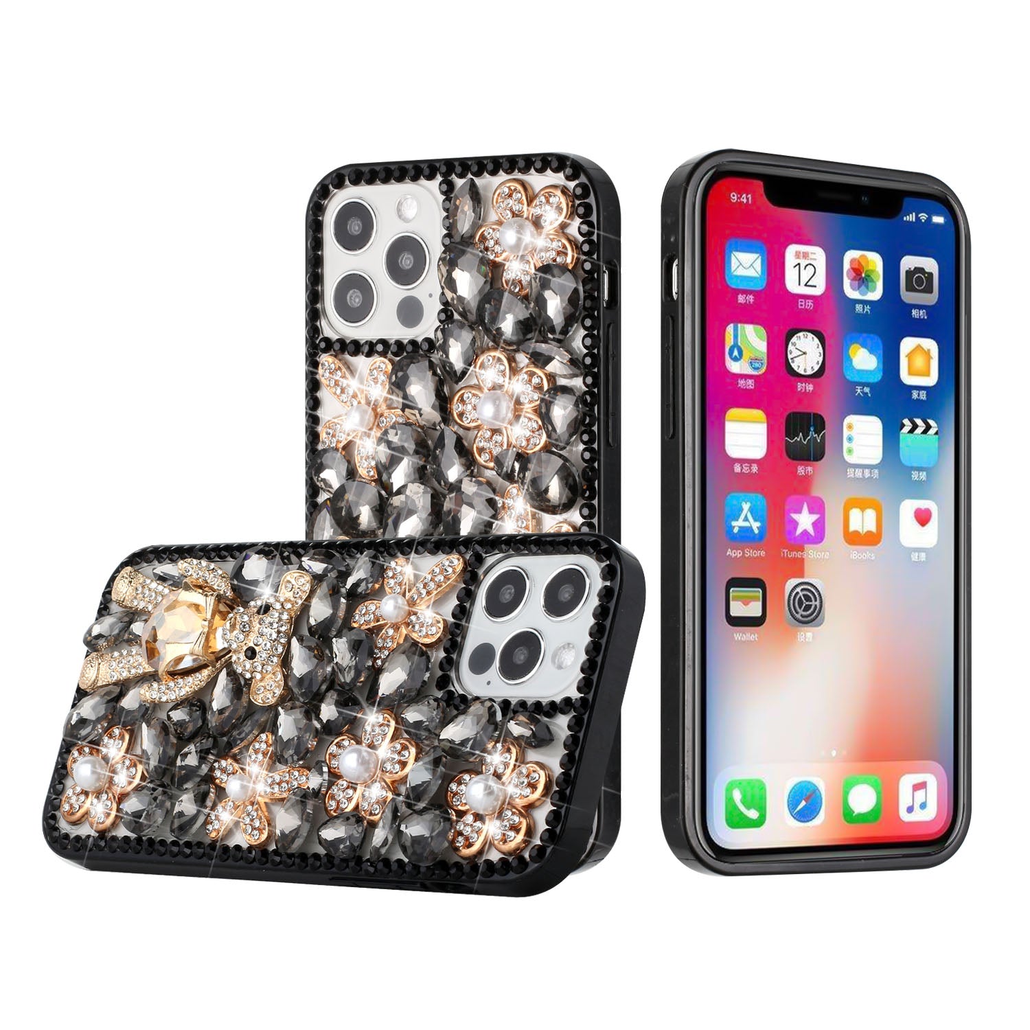 Iphone 13Pro (6.1 Inch) Big Rock Diamond Teddy Case Black