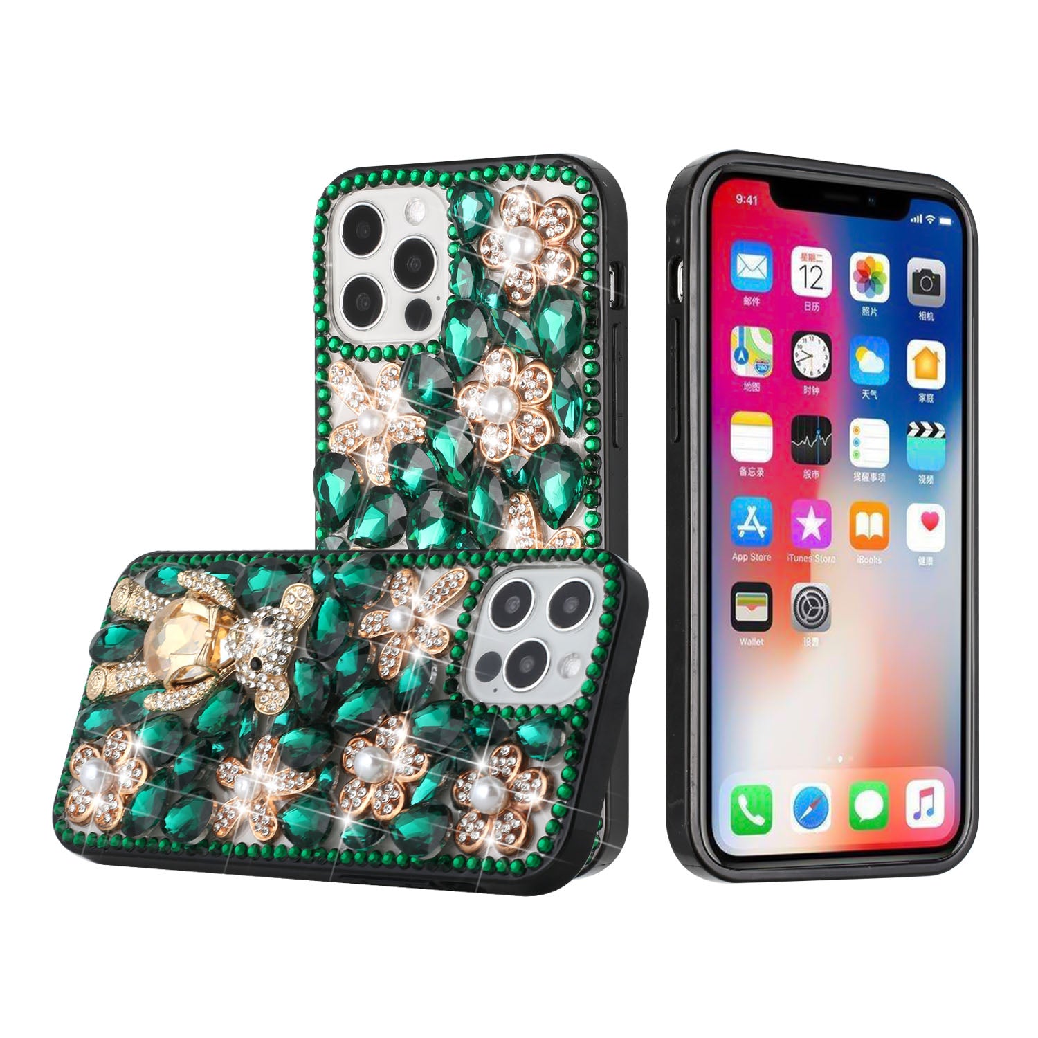 Iphone 13Pro Max (6.7Inch) Big Rock Diamond Teddy Case Green