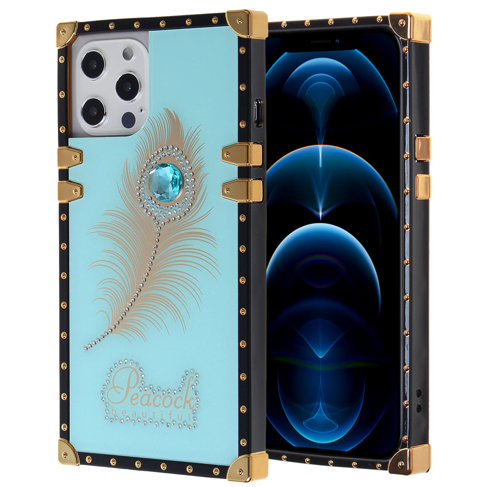 Iphone 12 / 12Pro (6.1 Inch) Peacock Feather Diamond Design Case Teal