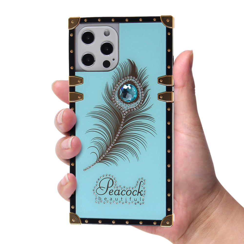 Iphone 12 / 12Pro (6.1 Inch) Peacock Feather Diamond Design Case Teal
