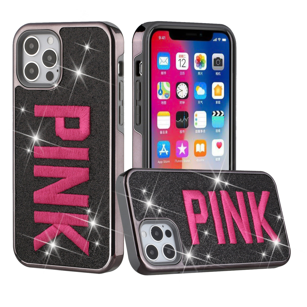 Iphone 13 (6.1 Inch) Fabric Shimmer Case Black With Text Pink