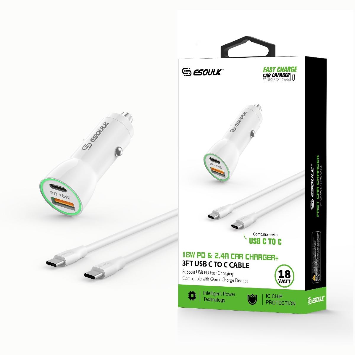 Esoulk Type-C to Iphone 18W PD& 2.4A Car Charger with 3feet USB C to 8Pin Cable - White