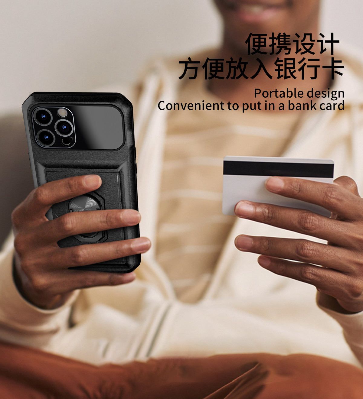 Iphone 13Pro (6.1Inch) Ring Case with Camera Lens Cover and Card Slot Black