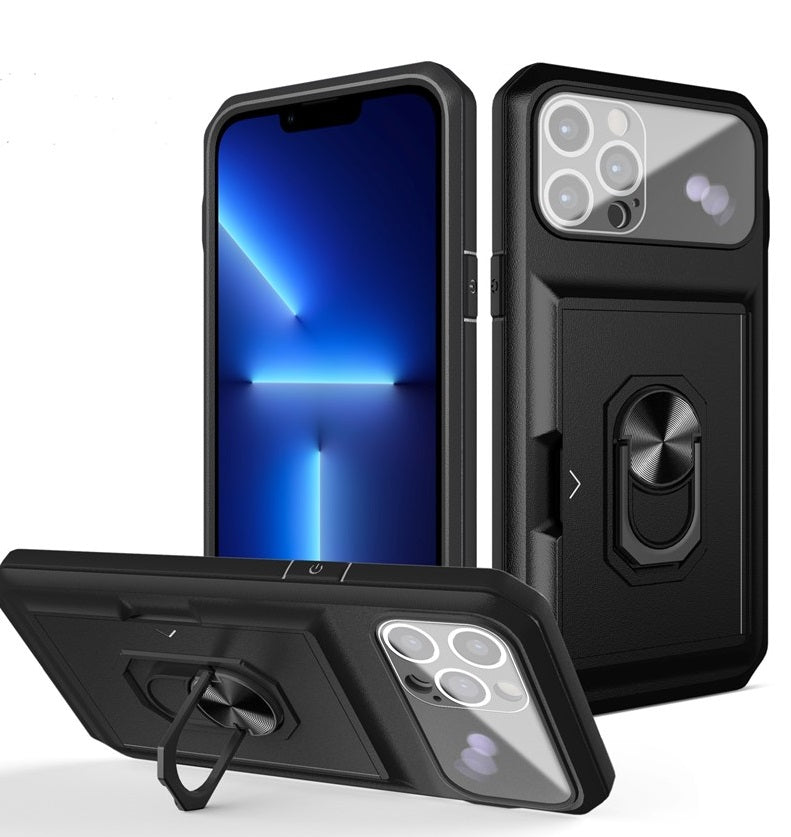 Iphone 13Pro (6.1Inch) Ring Case with Camera Lens Cover and Card Slot Black