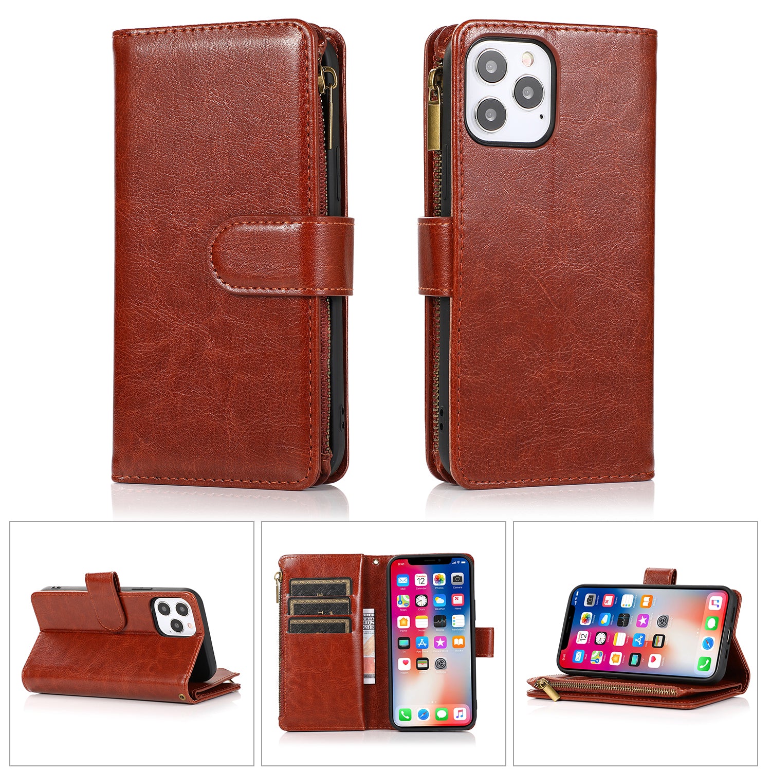 Iphone XR (6.1Inch) Wallet Flip Case with zipper slot Brown
