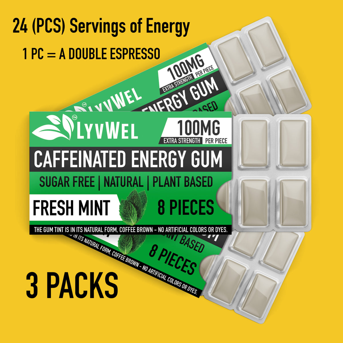 3 packs of Fresh Mint LyvWel Caffeinated Nootropic Energy Gum