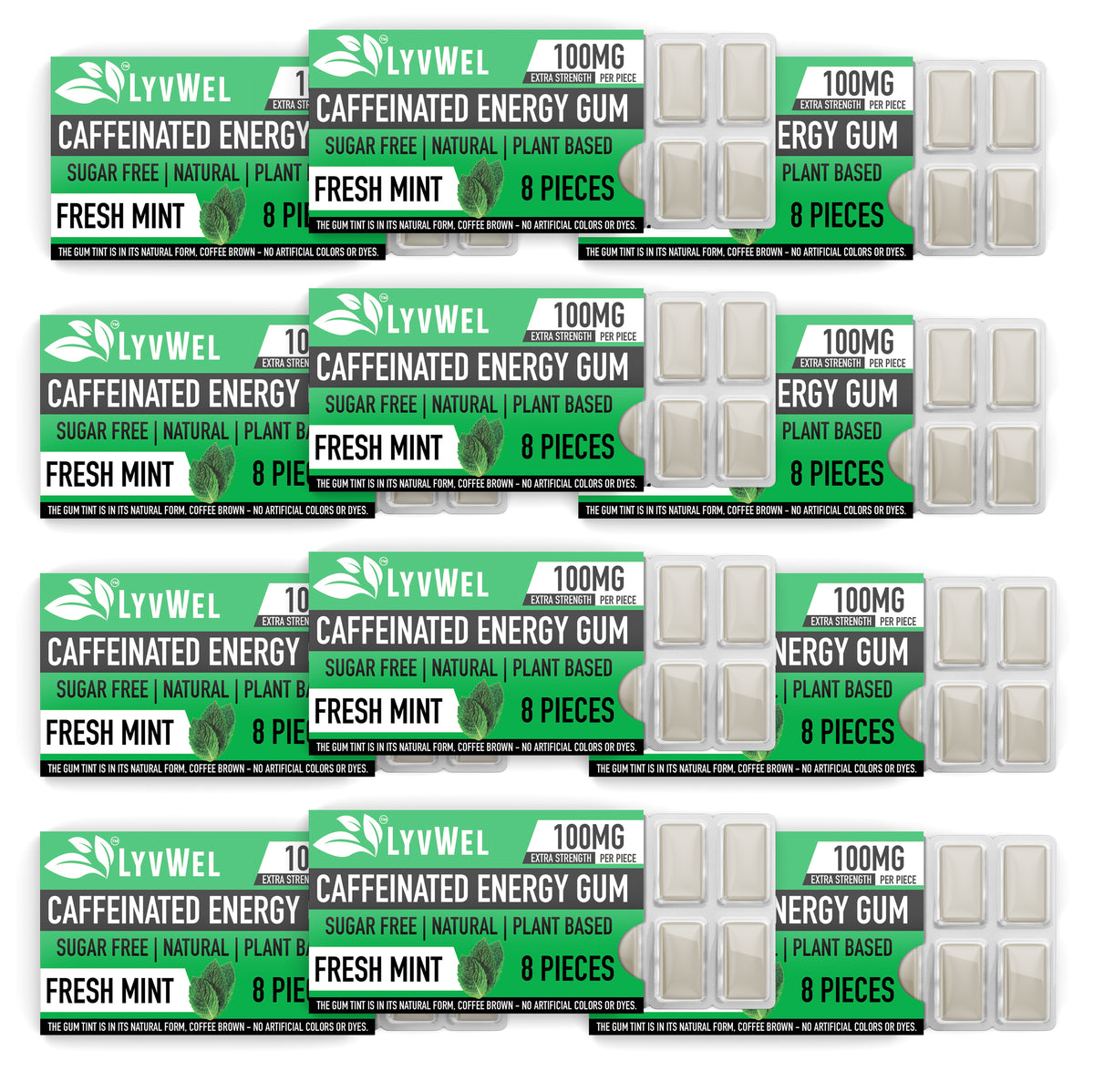 12 packs of Fresh Mint LyvWel Caffeinated Nootropic Energy Gum