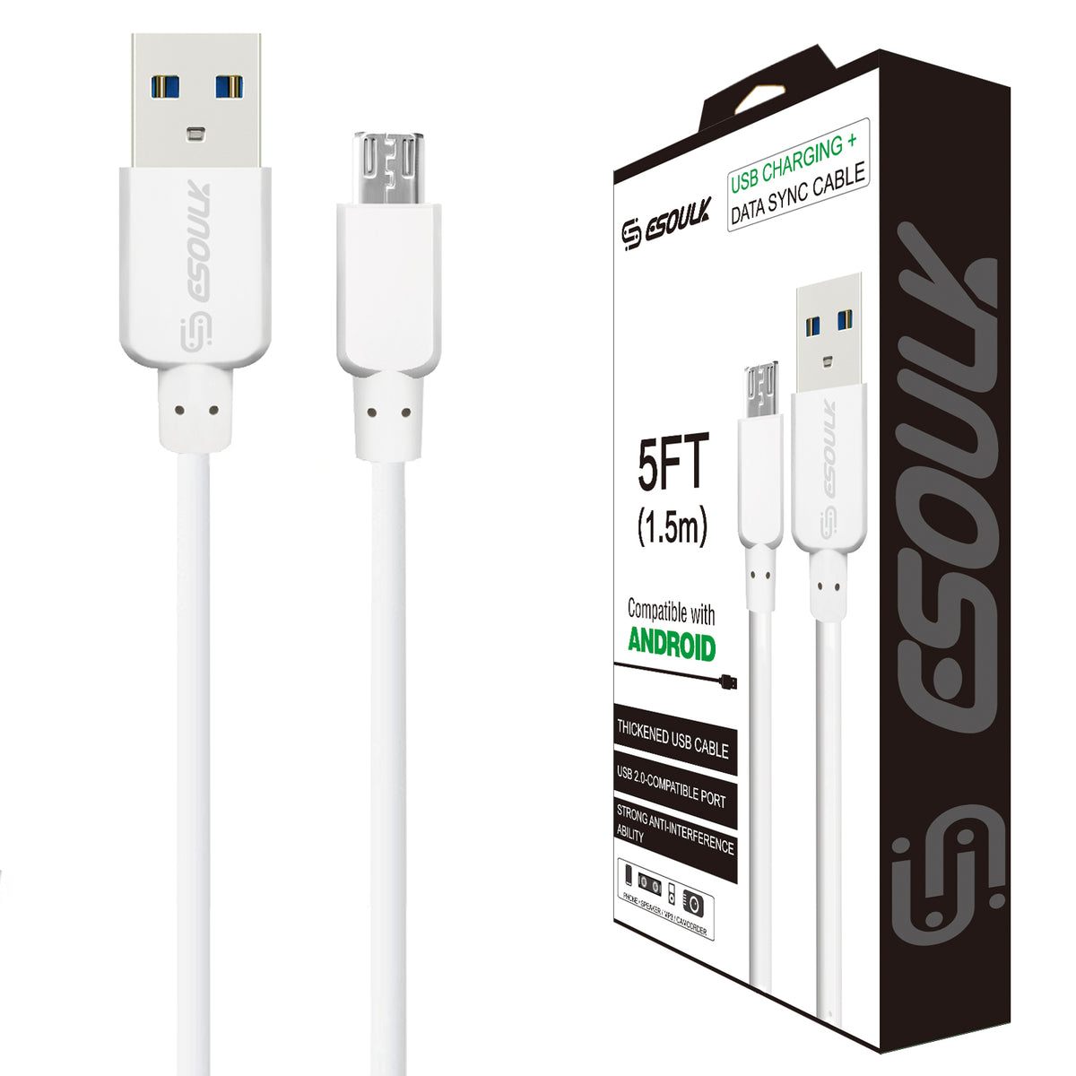 Esoulk Micro 5Feet Charging Cable For Android (Micro/V9) In White