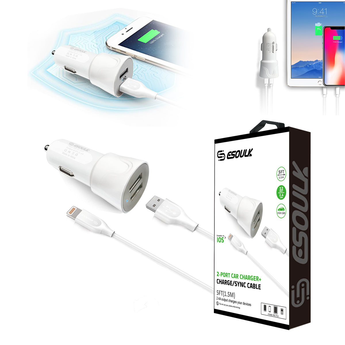 Esoulk Iphone 2-Port Car Charger with 5feet Cable - White