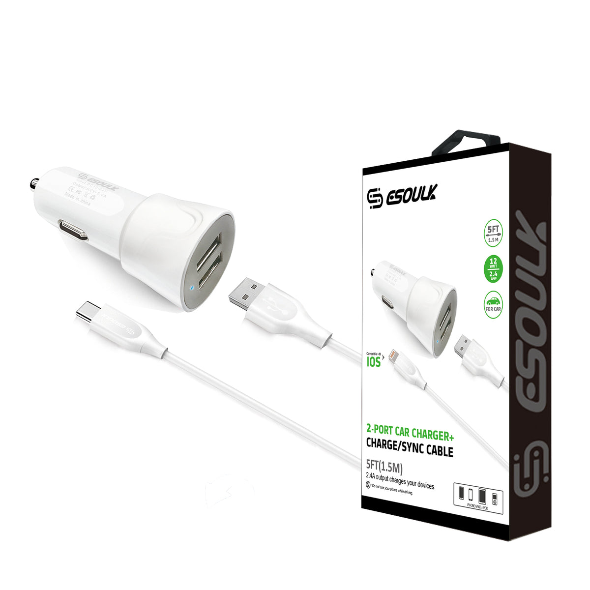 Esoulk Type-C 2-Port Car Charger with 5feet Cable - White