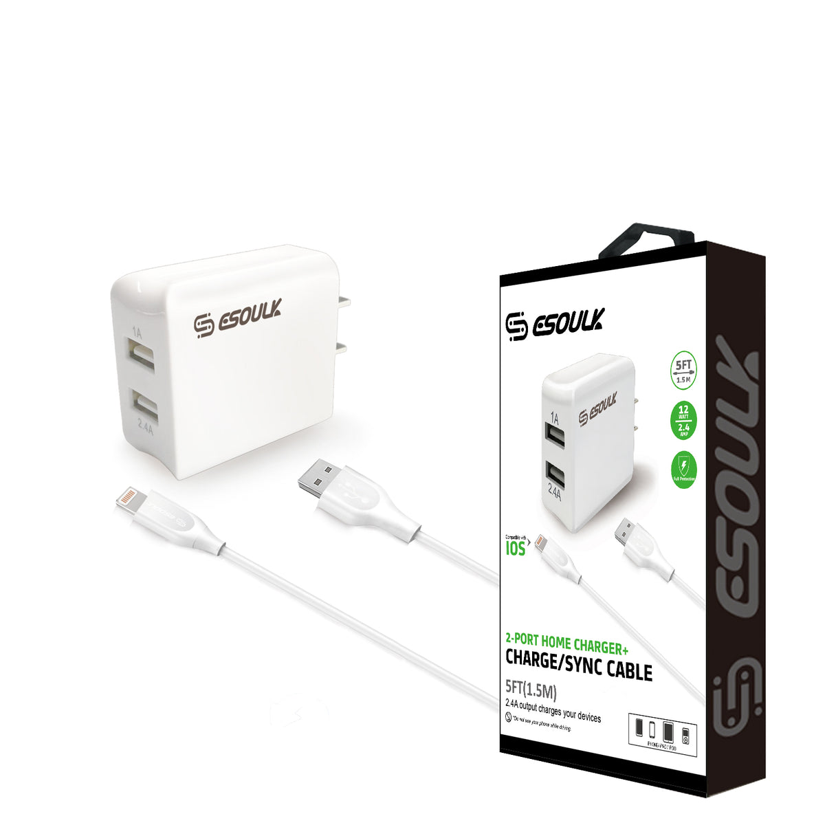Esoulk Iphone 2-Port Home Charger with 5feet Cable - White