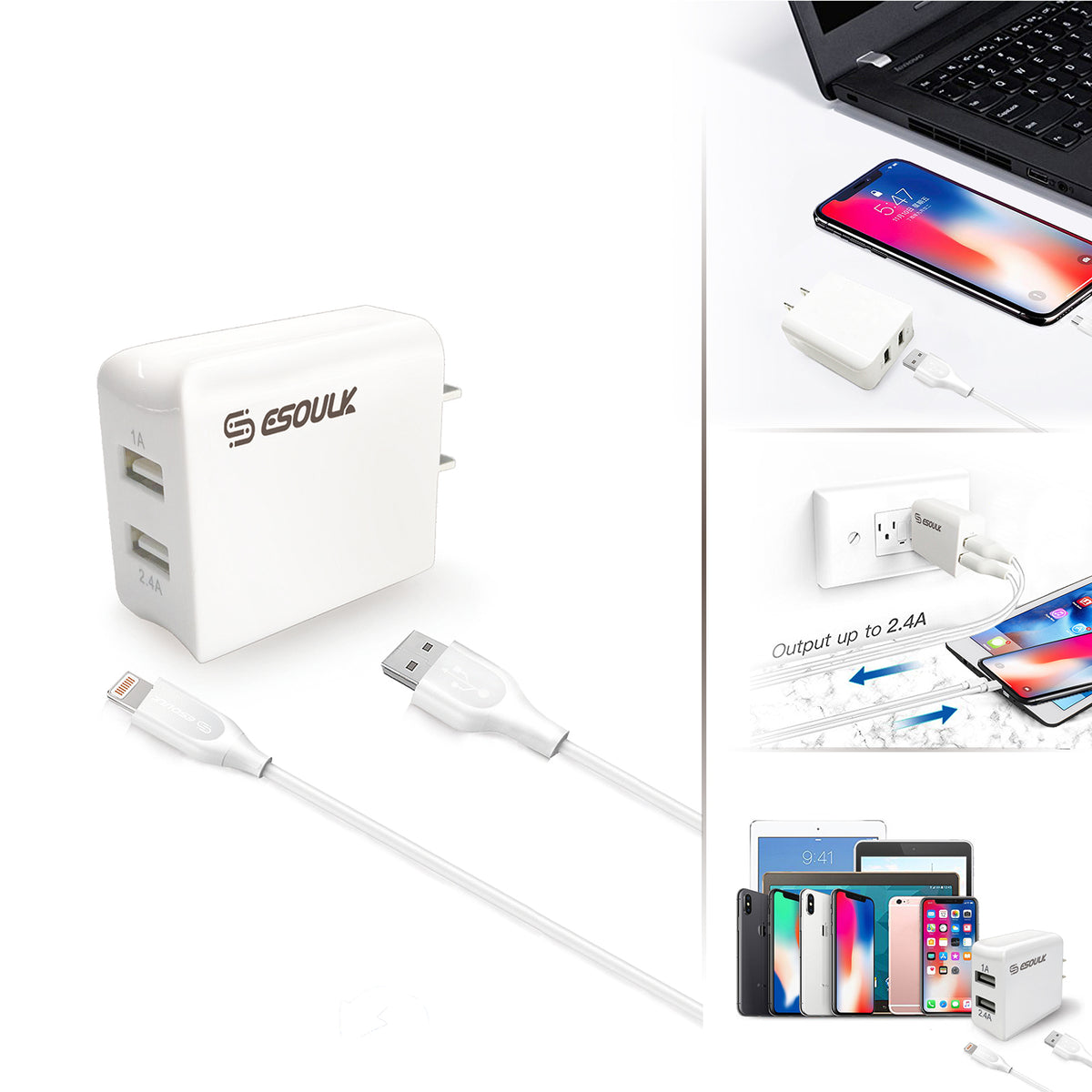 Esoulk Iphone 2-Port Home Charger with 5feet Cable - White
