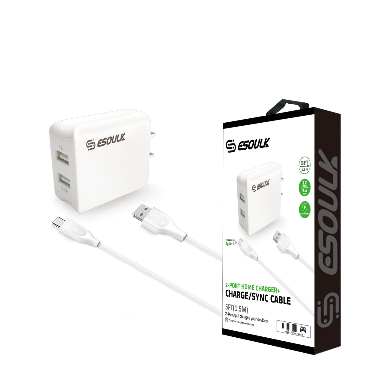 Esoulk Type-C 2-Port Home Charger with 5feet Cable - White
