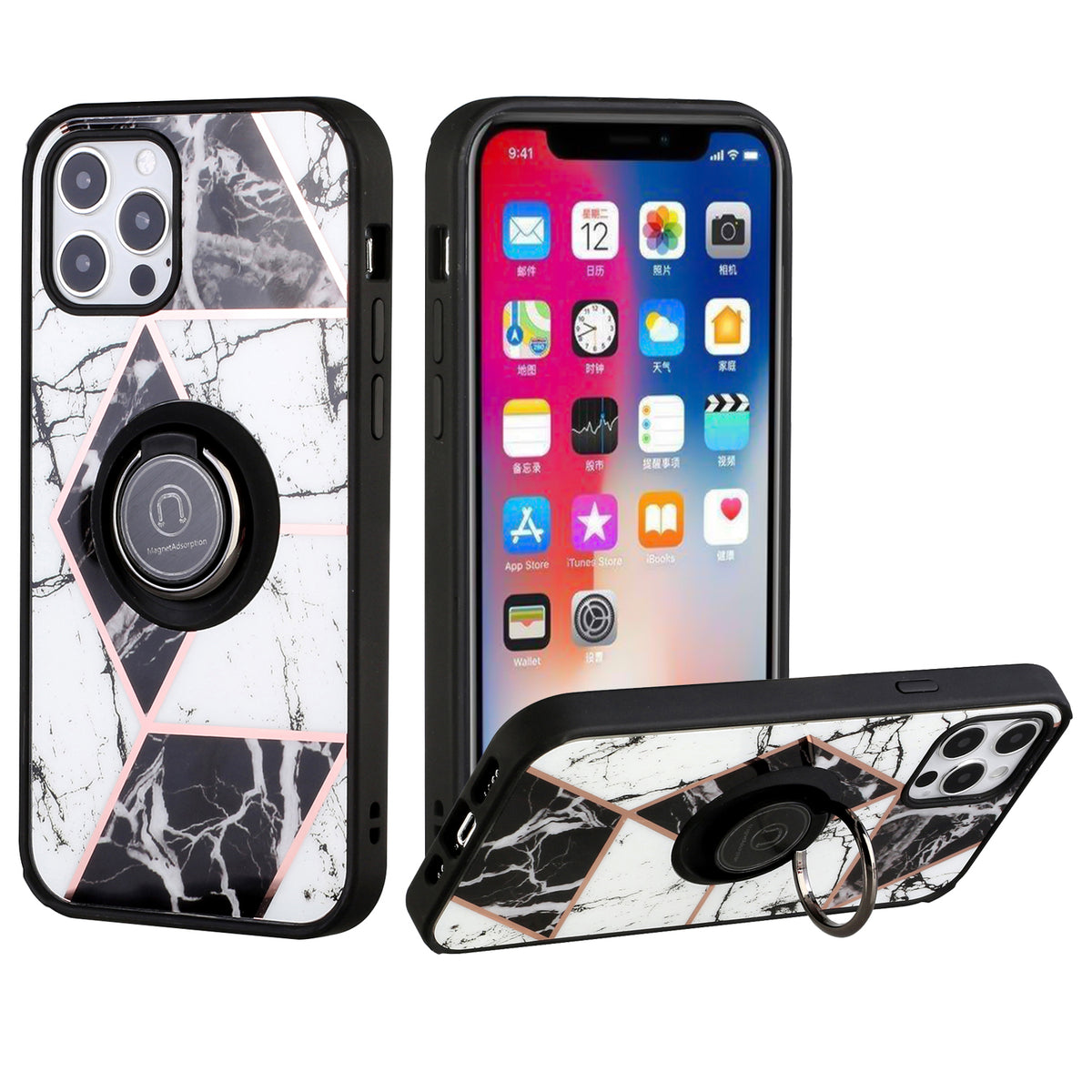 Iphone 12 / 12Pro (6.1Inch) Marble Design Ring Case Black