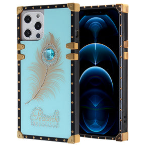 Iphone 12 / 12Pro (6.1 Inch) Peacock Feather Diamond Design Case Teal