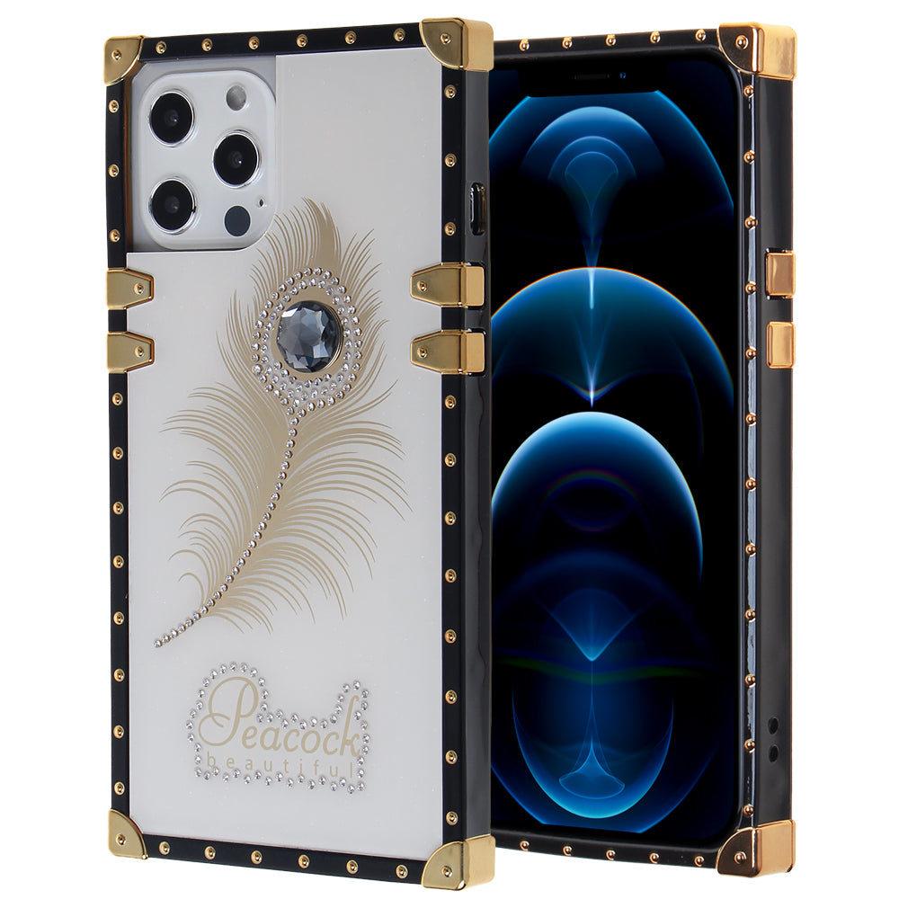 Iphone 12 / 12Pro (6.1 Inch) Peacock Feather Diamond Design Case White