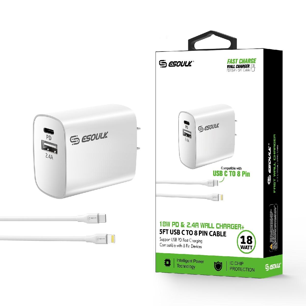 Esoulk Type-C to Iphone 18W PD& 2.4A Wall Charger with 3feet USB C to 8Pin Cable - White