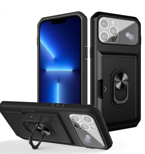 Iphone 13Pro Max (6.5Inch) non Slider Lens with Card Slot Ring Case Black