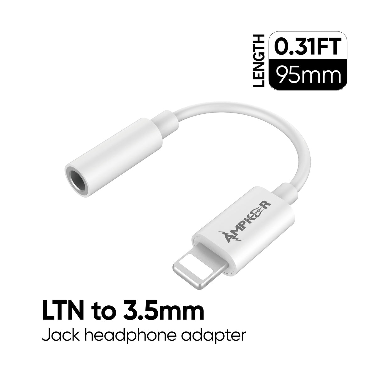Aux 3.5mm to Iphone Lightning Adaptor Ampker White