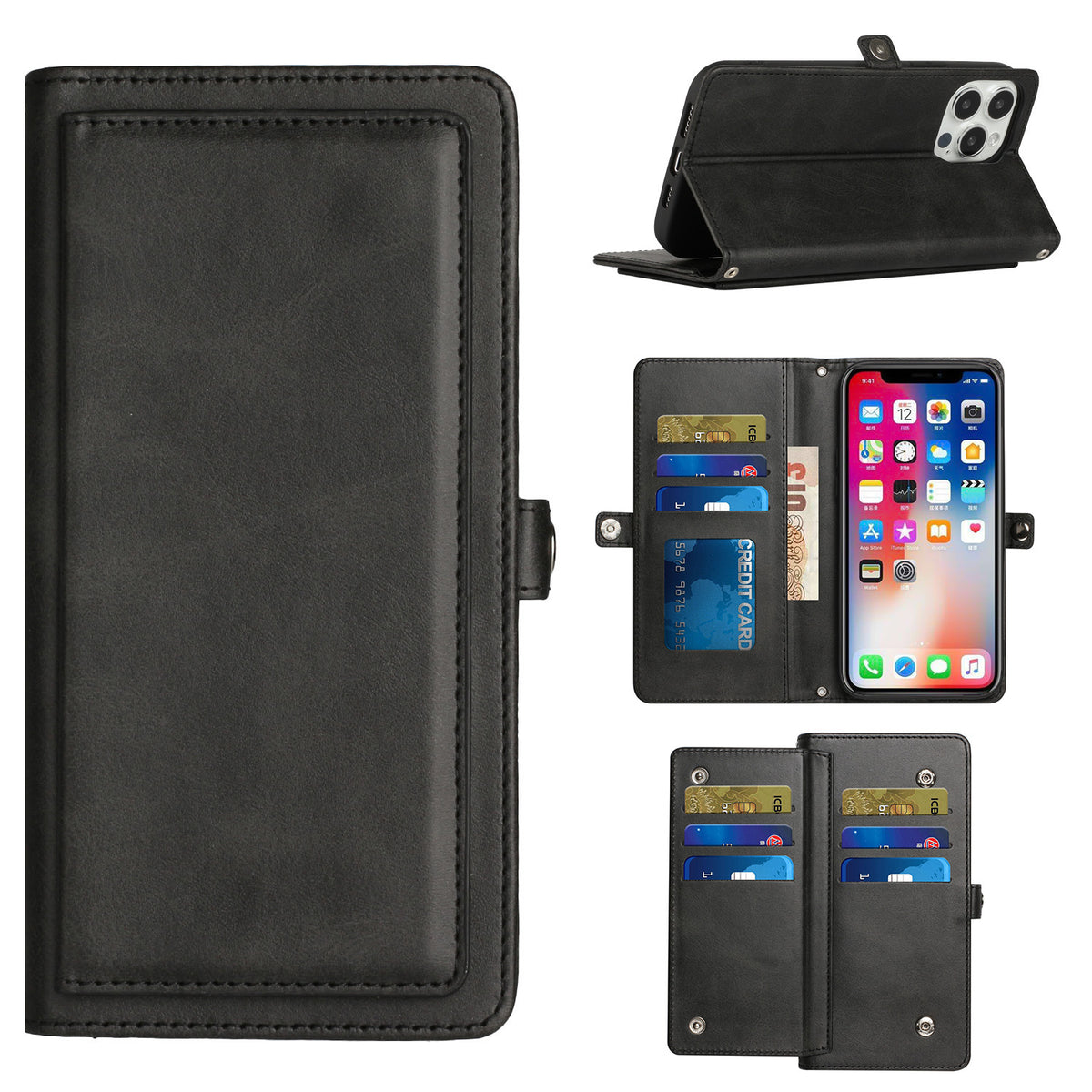 Iphone 11 (6.1Inch) Wallet Flip Case with 9 card slots button lock Black