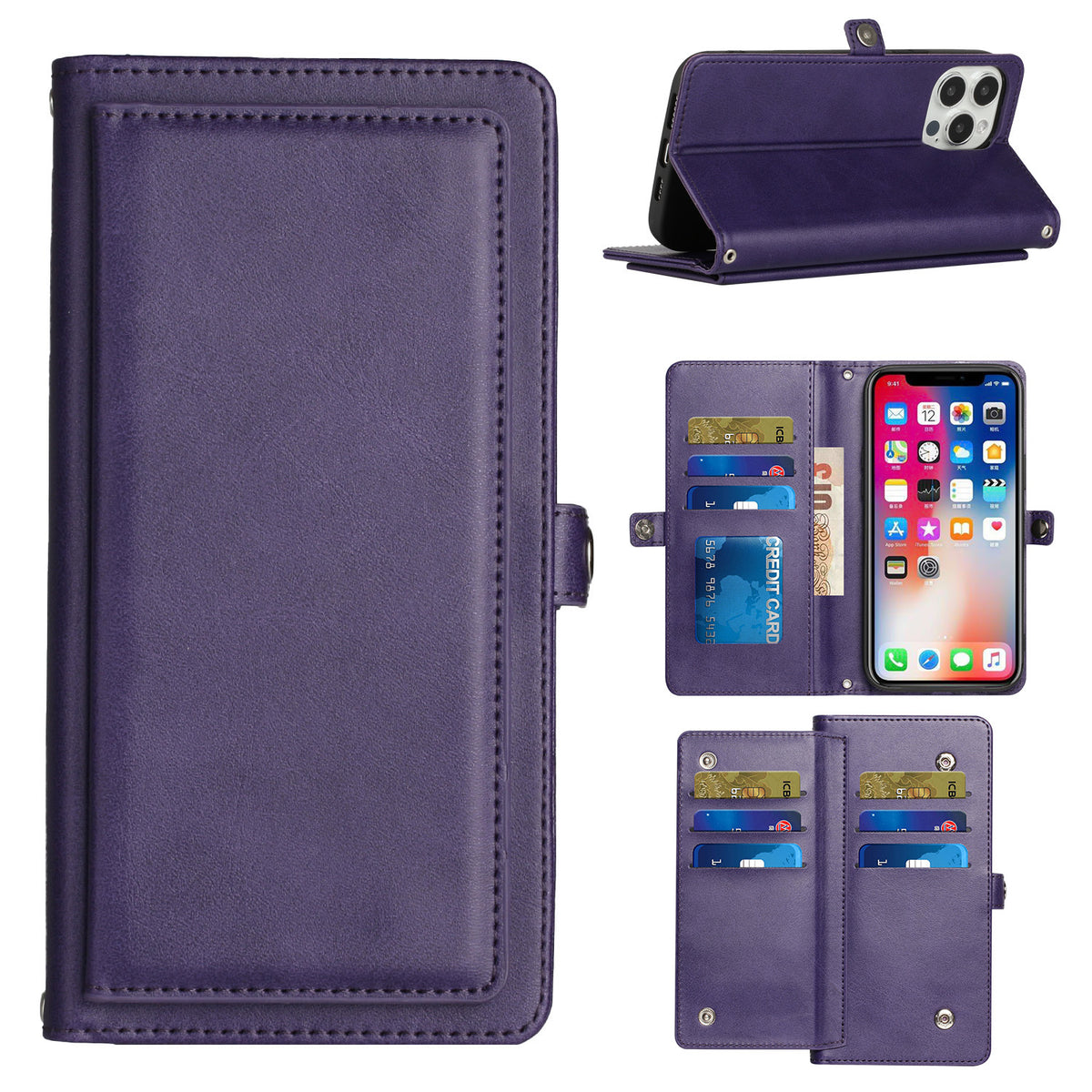 Iphone 11 (6.1Inch) Wallet Flip Case with 9 card slots button lock Purple