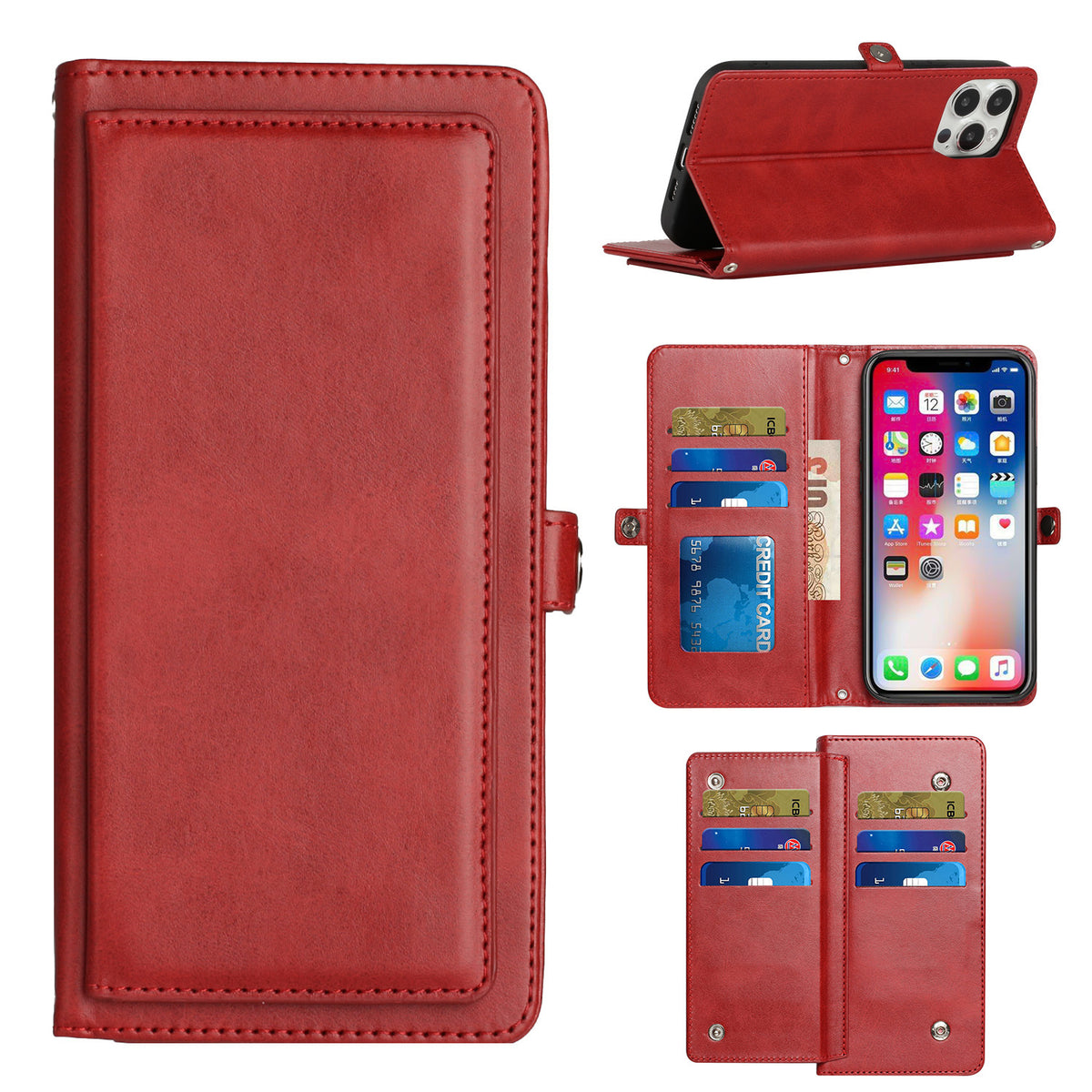 Iphone 13Pro Max (6.7Inch) Wallet Case with 9 Card Slots and extra flip Red
