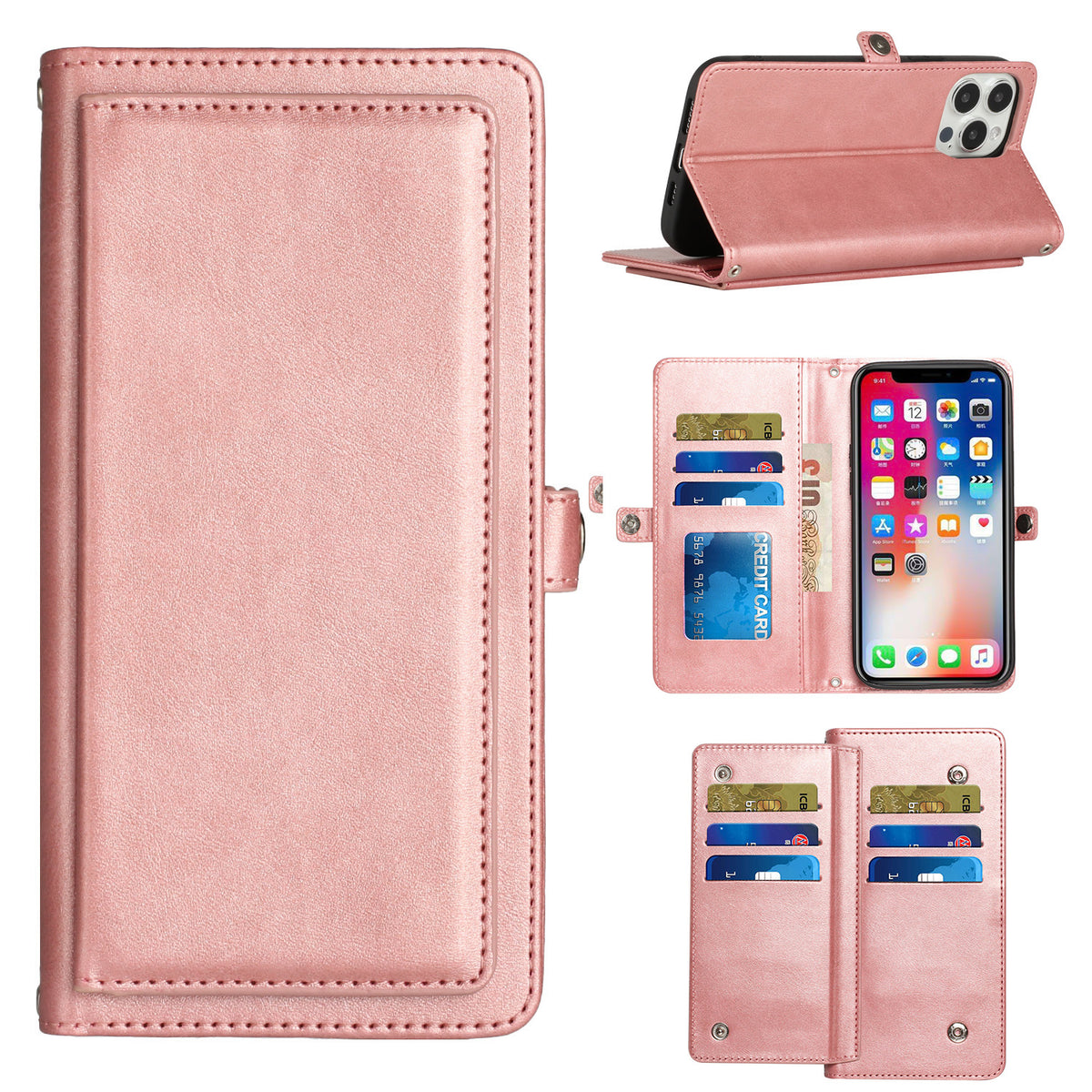 Iphone 11 (6.1Inch) Wallet Flip Case with 9 card slots button lock Rose Gold