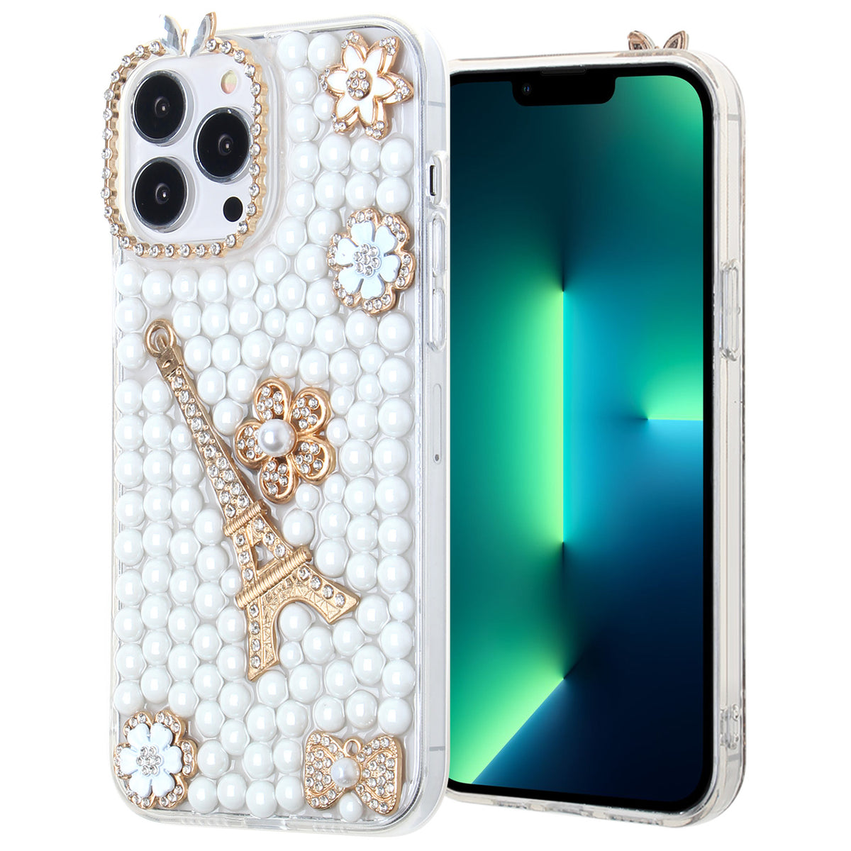 Iphone 13Pro (6.1Inch) White Pearl Diamond Case with Eiffel