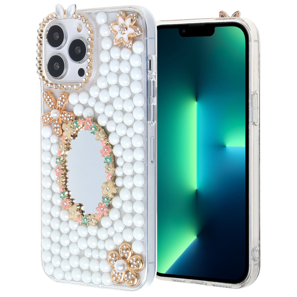 Iphone 13 (6.1Inch) White Pearl Diamond Case with Mirror