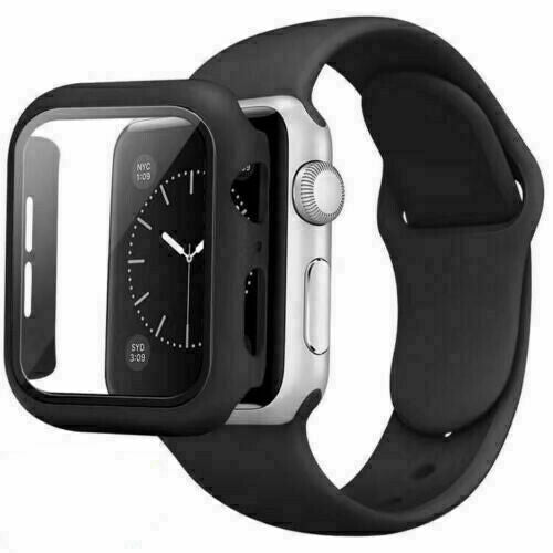 Apple Watchband Silicone and Tempered Glass with Frame 45mm Black