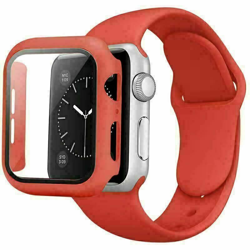 Apple Watchband Silicone and Tempered Glass with Frame 45mm Red